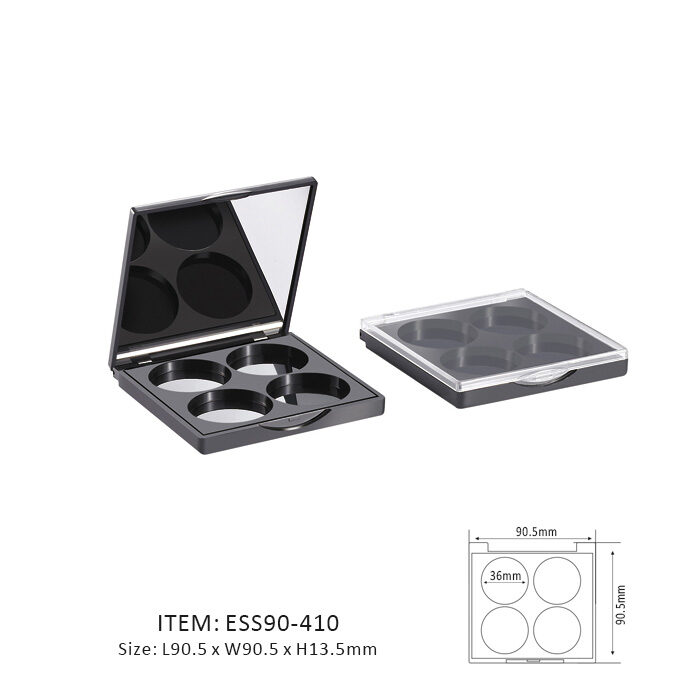 Black Rectangular Eyeshadow Palette Case Equipped with Magnetic Components and Containing Four Circular sections and mirror or window