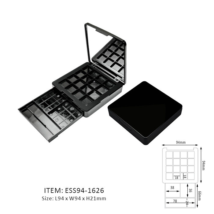 Black Double Layers Eyeshadow Case with an internal drawer and mirror on the cap