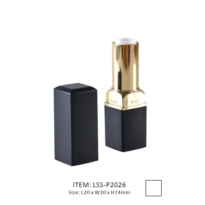 Black square plastic lipstick tube with a golden shoulder