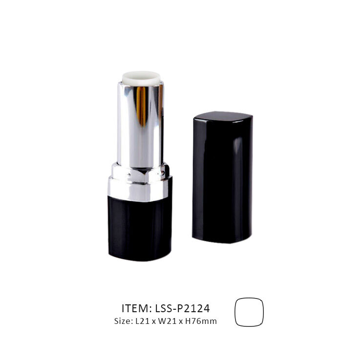 Black and silver empty plastic lipstick containers in a short size