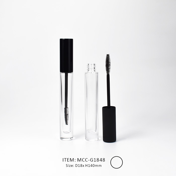 Thick Wall Glass Mascara Tube with a brush or wand including a black cap and glass tube