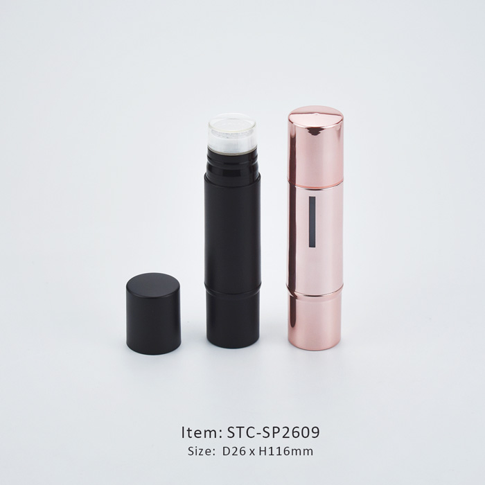 a black or pink plastic cosmetic stick tube with twisted function