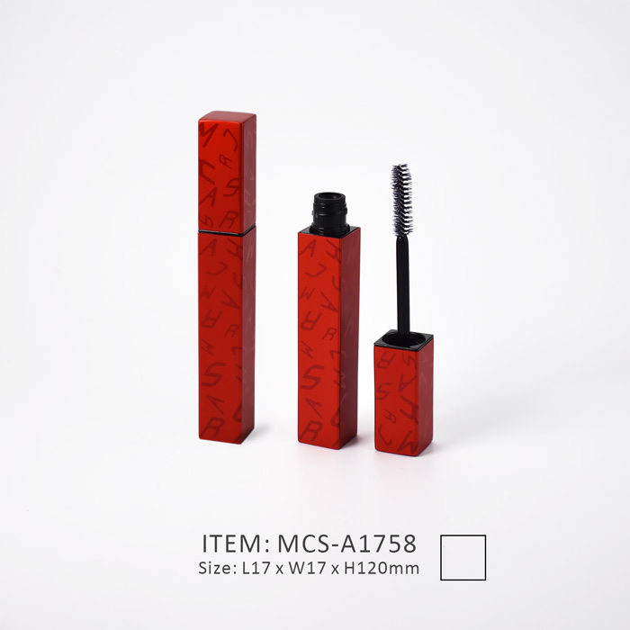 square mascara tube decorated in red with brush