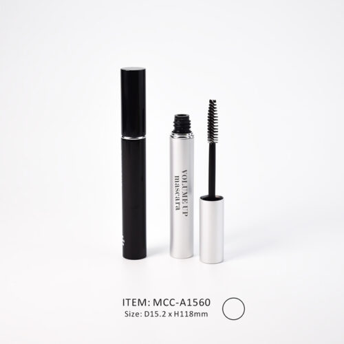 plastic aluminum mascara tube in circular shape with silver shoulder