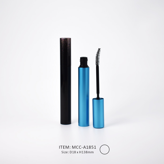 straight slim mascara tube made of plastic and blue aluminum