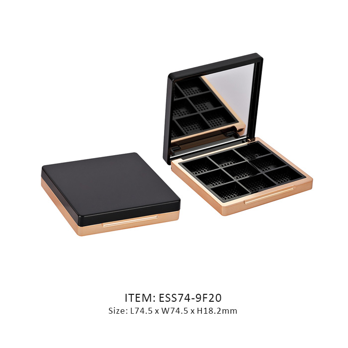 black golden square eyeshadow case with nine pans and mirror