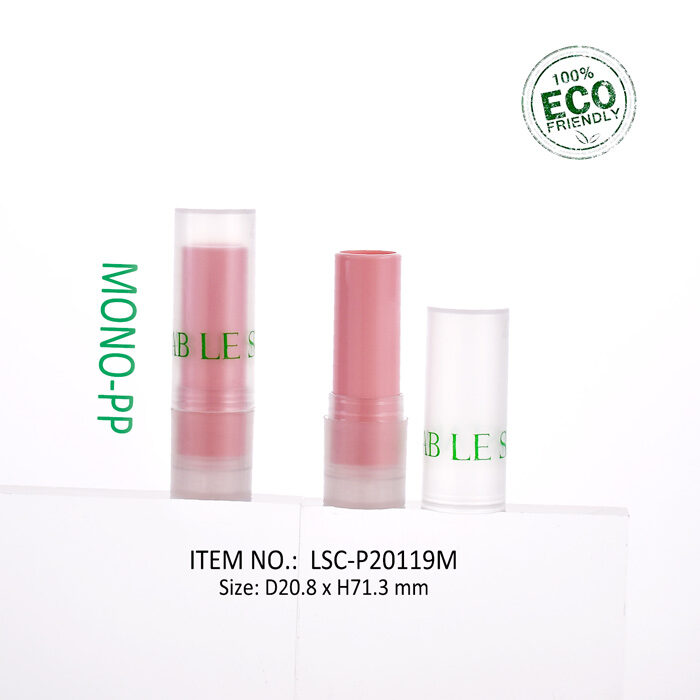empty cylinder round PP lipstick & lip balm tube in pink with clear cap, for bulk wholesale and custom order