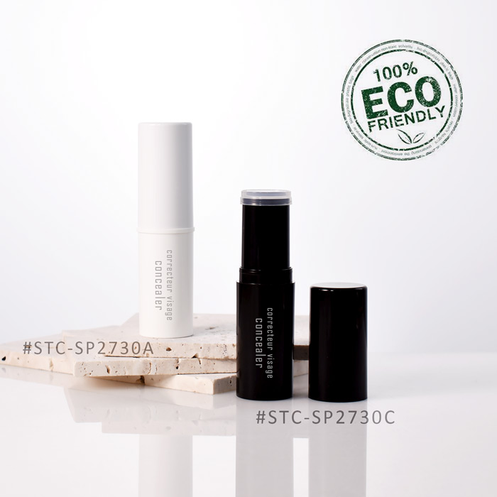 empty cylinder round plastic tube in white and black, as eco-friendly makeup packaging for foundation stick and contour sticks
