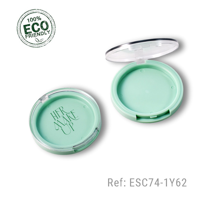 empty round plastic makeup compact for blush and pressed powder, clear cover with green base