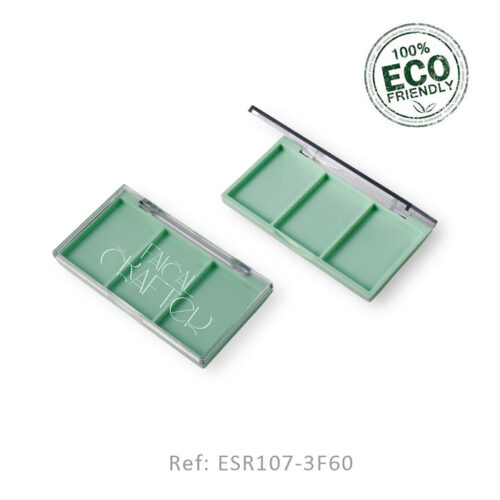 Rectangular empty eyeshadow palette 3 pan with clear PET material holding three makeup pans on white background