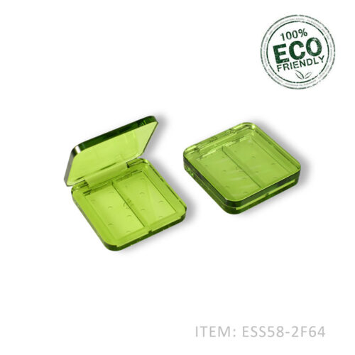 green 2 color empty eyeshadow containers, crafted from PET with dual compartment, wholesale and custom order available